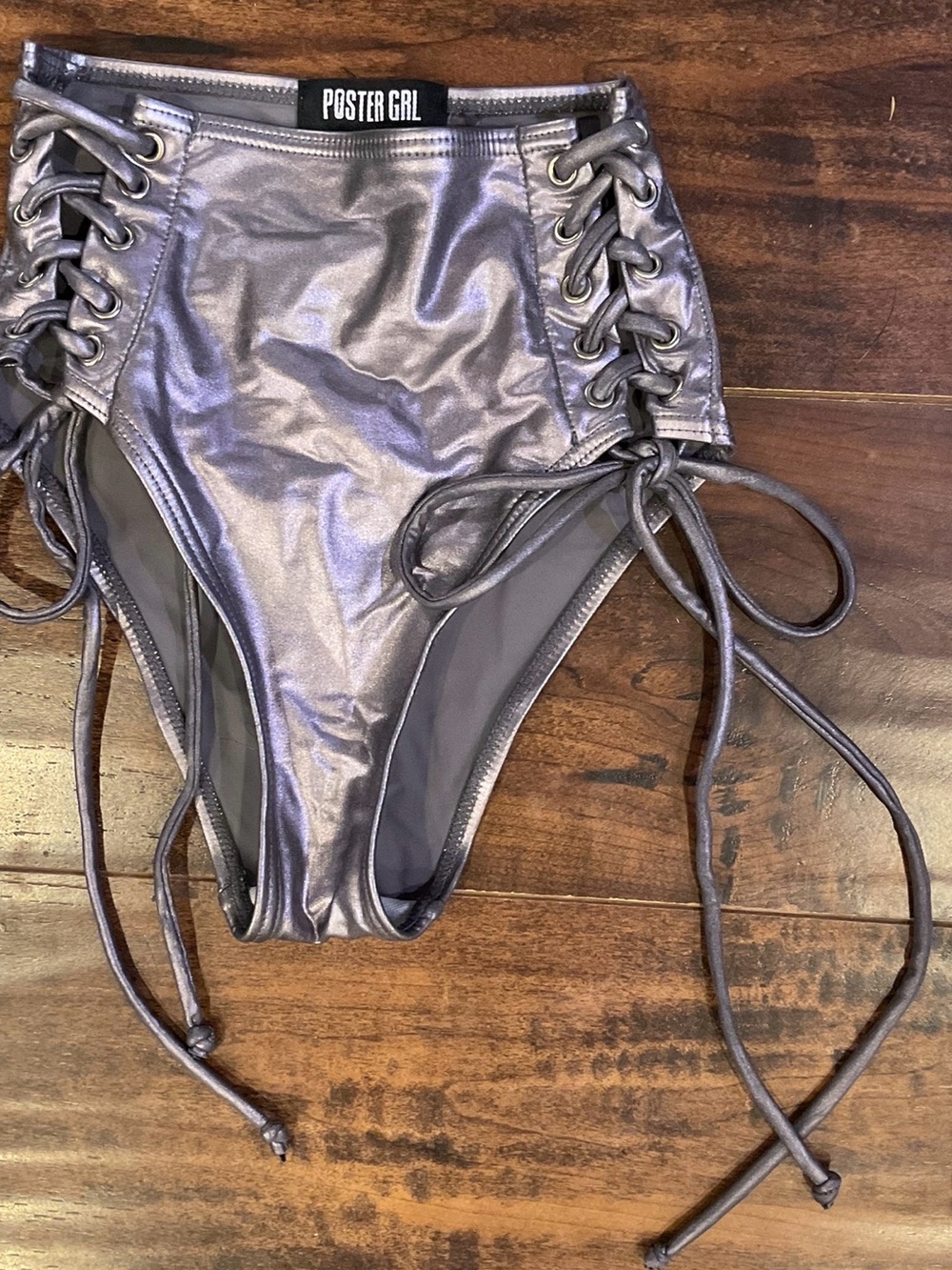 POSTER GRL Metallic Silver Lace-Up High-Waist Bikini Bottom